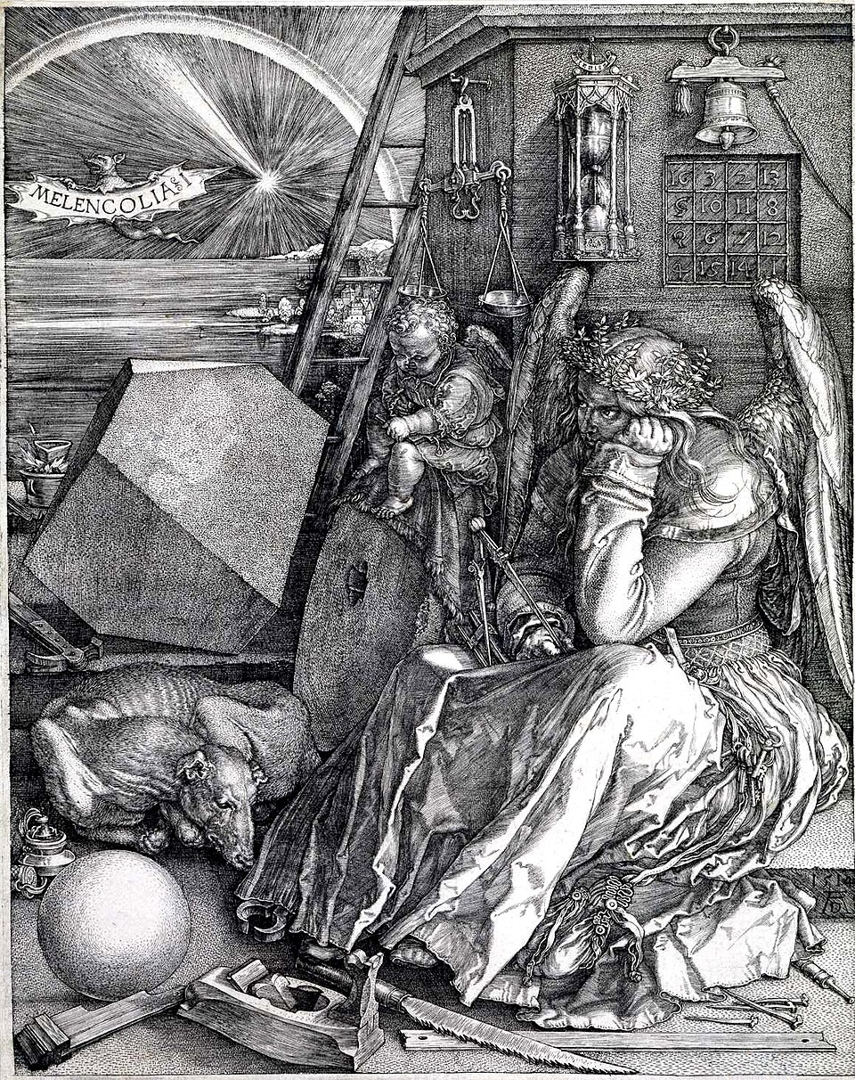 Albrecht Dürer, Melencolia I — a figura alada, o horizonte sobre o mar ao fundo