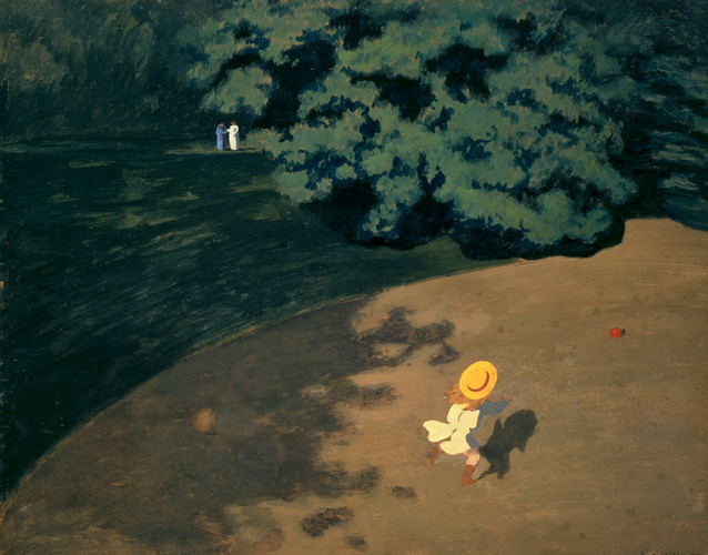 Félix Vallotton, La Balle — o jardim visto de cima, a sombra da árvore, a criança correndo atrás da bola